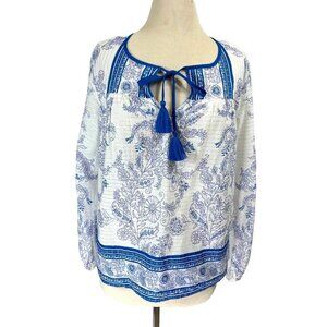 J.Crew Blouse Women Medium White Peadant Point Sur Cotton Boho Metallic Floral